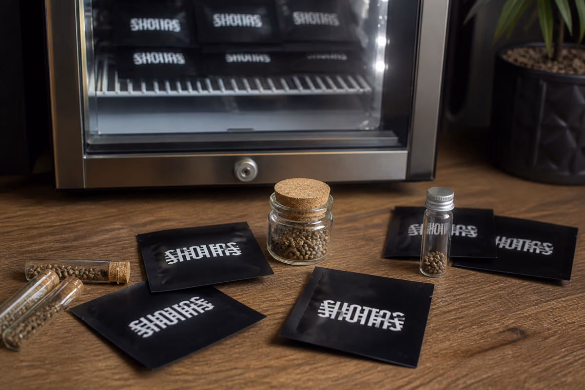 Cannabiszaden in een glazen pot, buisjes met kurk en zwarte zakjes voor een minikoelkast met glazen deur