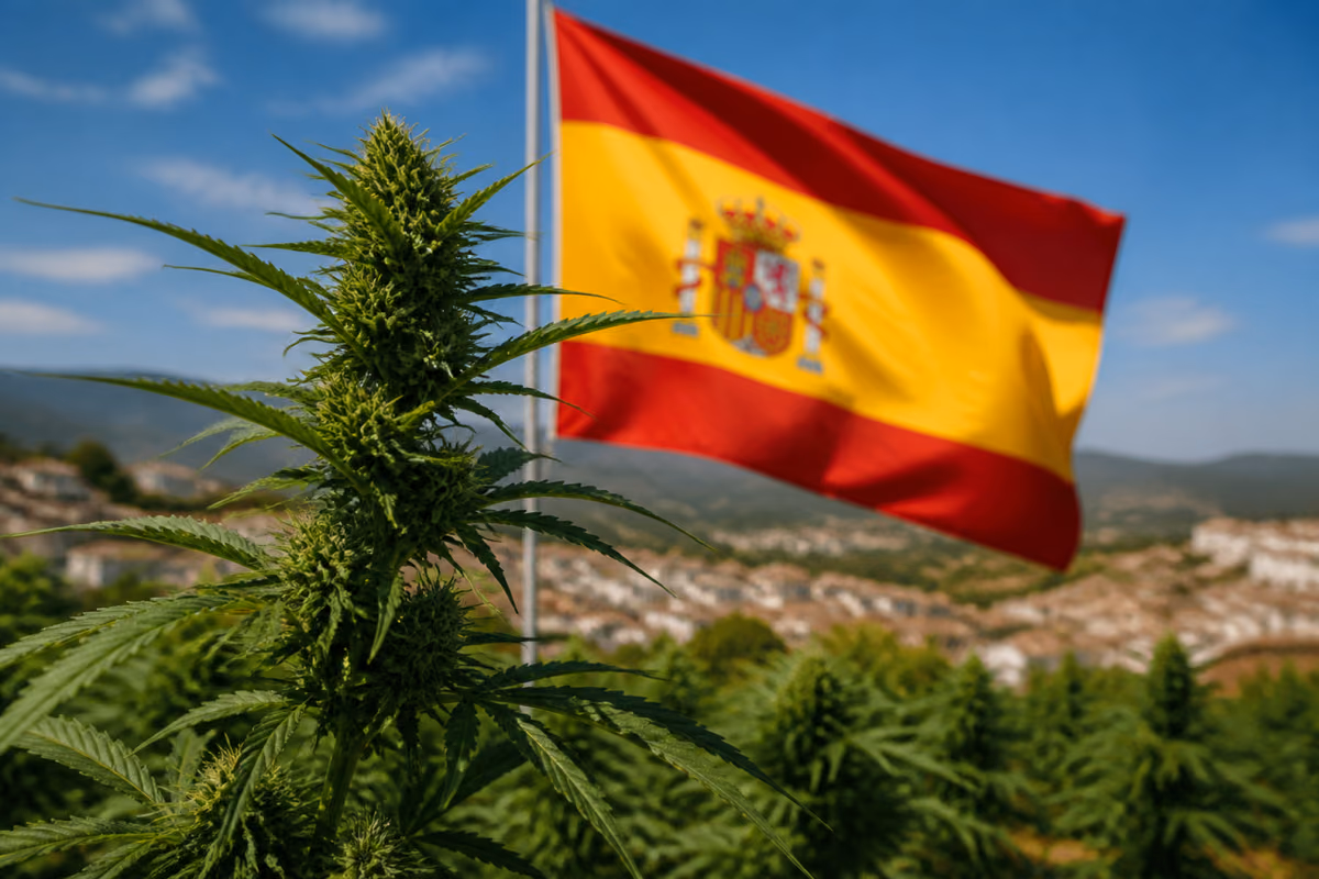 Bloeiende cannabisplant voor een wapperende Spaanse vlag en een wit heuveldorp op de achtergrond