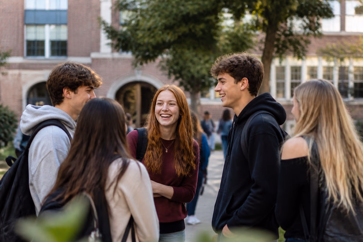Vijf lachende tieners met rugzakken praten met elkaar voor een bakstenen schoolgebouw