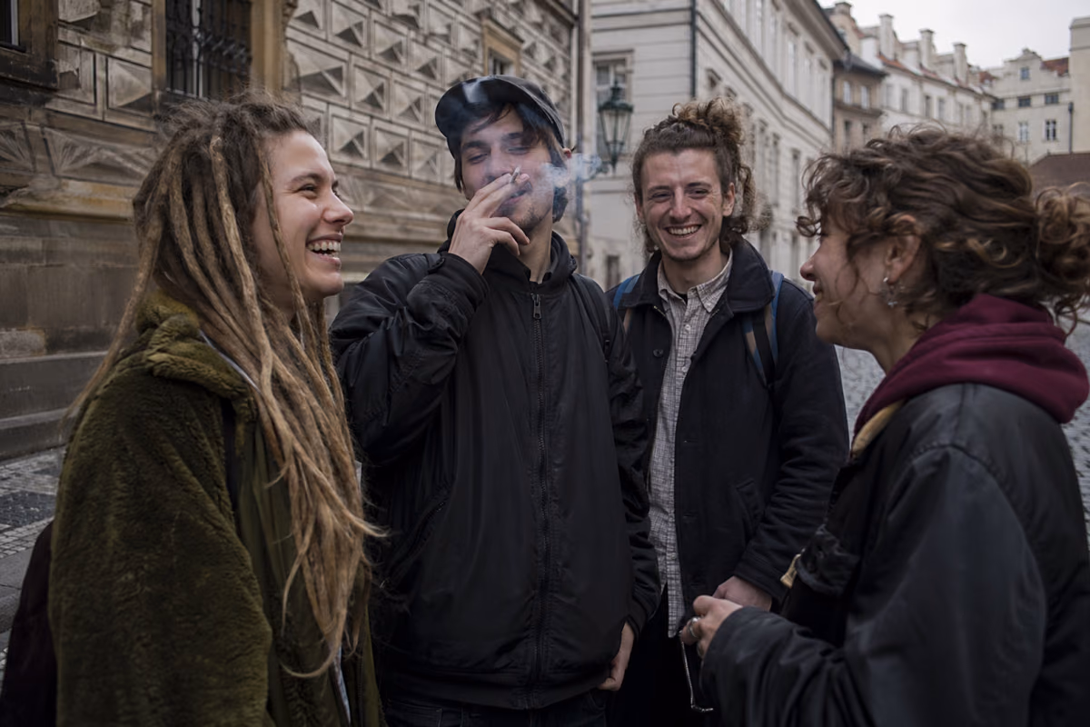 Vier lachende jonge mensen op straat in Praag, een man rookt een sigaret met pet op