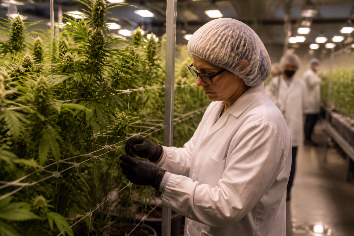 Medewerker in witte laboratoriumjas inspecteert medicinale cannabisplanten in een indoor kweekfaciliteit