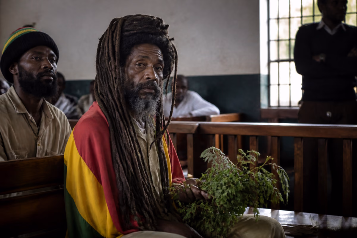 Oudere man met lange dreadlocks, gehuld in een rood-geel-groene vlag, houdt groene bladeren vast in een rechtszaal