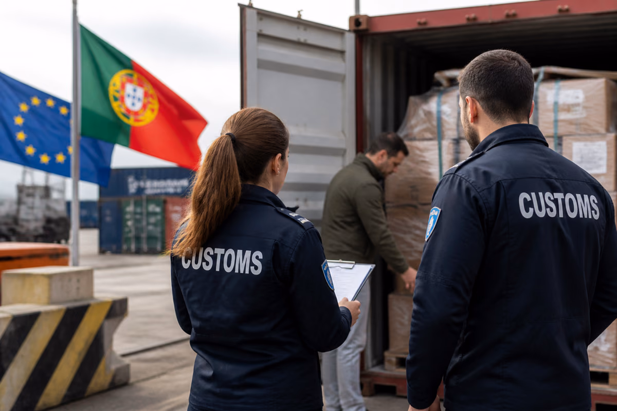 Douanebeambten kijken toe hoe een man dozen in een container controleert, bij Portugese en Europese vlaggen
