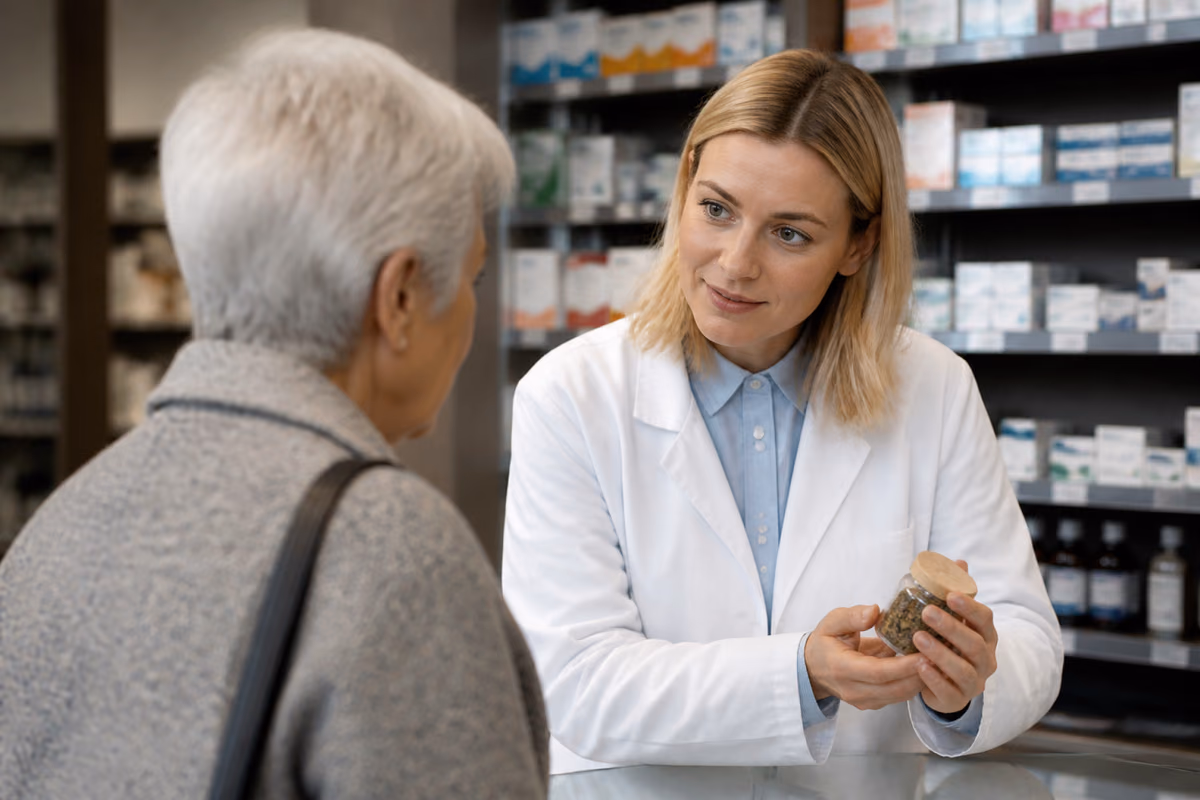 Apotheker in witte jas toont een oudere vrouw een pot met gedroogd plantmateriaal aan de apotheekbalie